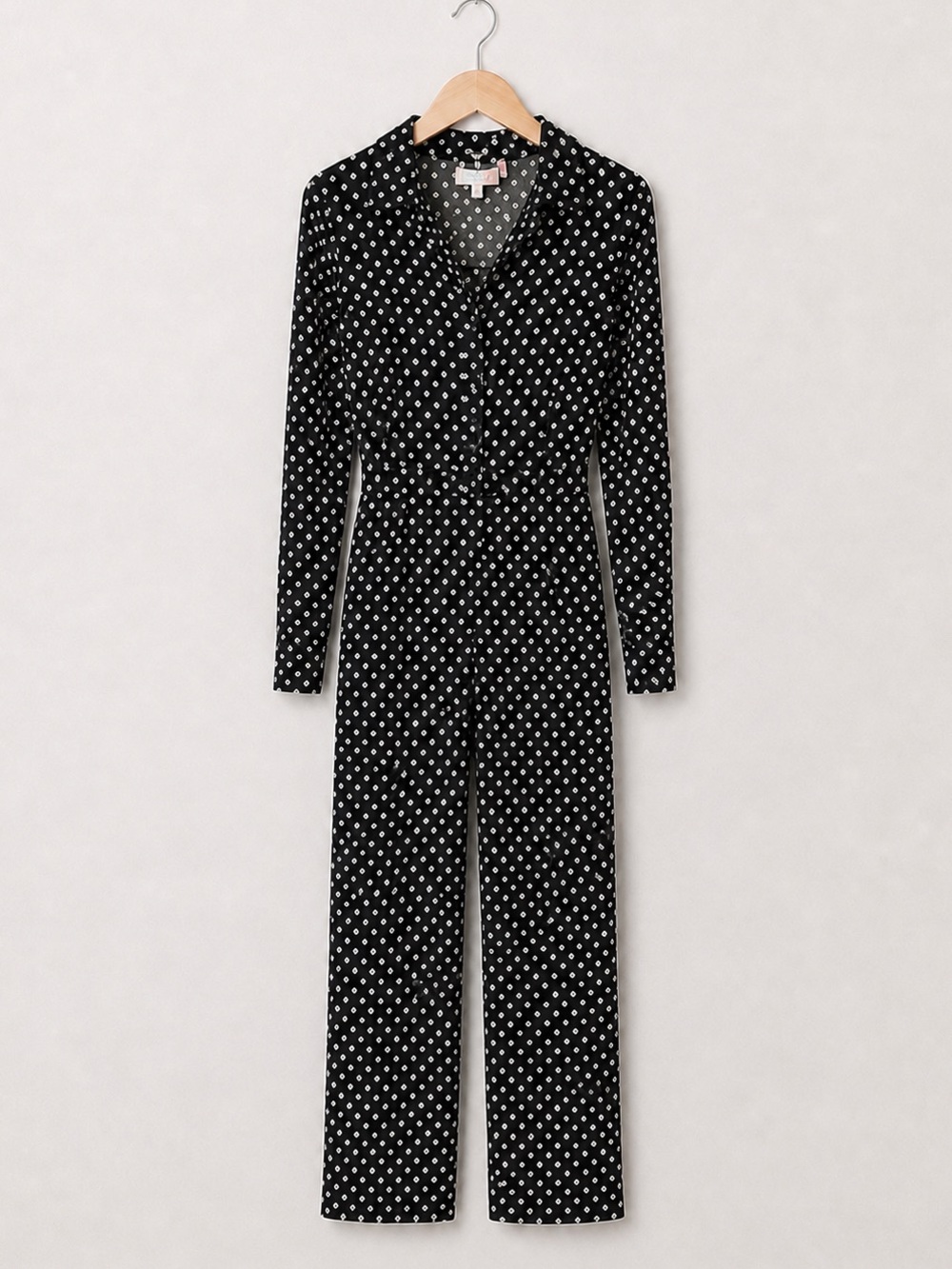 GB Gianni Bini Black and White Floral Polka Dot Long Sleeve Button Down Jumpsuit